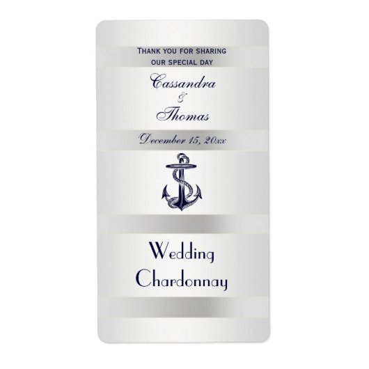 Nautical Navy Blue Anchor Silver Wht V Weinflasche (Vorne)