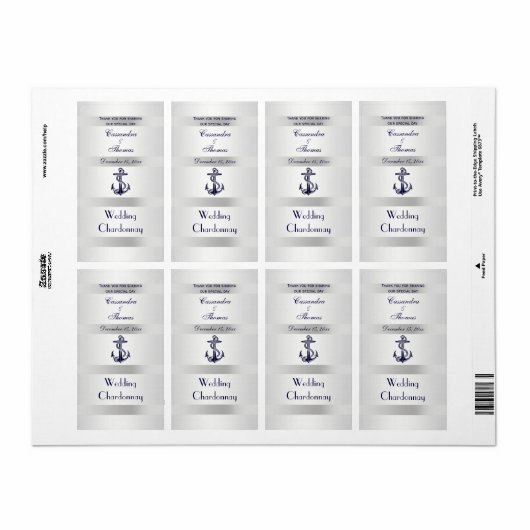 Nautical Navy Blue Anchor Silver Wht V Weinflasche (Vorne)