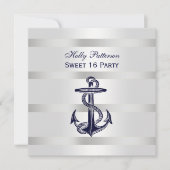 Nautical Navy Blue Anchor Silver Wt BG SQ Sweet 16 Einladung (Vorderseite)