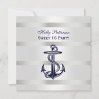 Nautical Navy Blue Anchor Silver Wt BG SQ Sweet 16