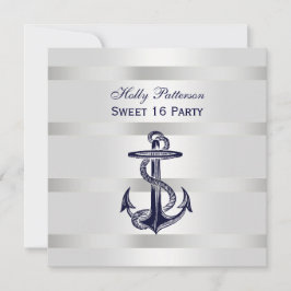 Nautical Navy Blue Anchor Silver Wt BG SQ Sweet 16 Einladung