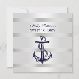 Nautical Navy Blue Anchor Silver Wt BG SQ Sweet 16 Einladung