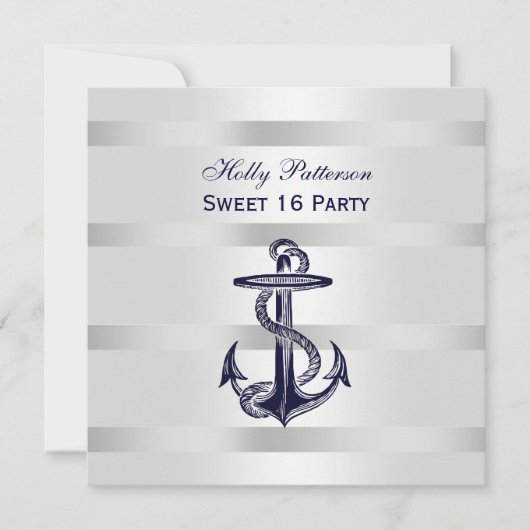 Nautical Navy Blue Anchor Silver Wt BG SQ Sweet 16 Einladung (Vorderseite)
