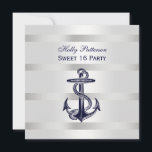 Nautical Navy Blue Anchor Silver Wt BG SQ Sweet 16 Einladung<br><div class="desc">Eleganter Nautical Navy Blue Anchor, Silvery White Background - 16 . Geburtstag Party Einladung ============== Rein, elegant, elegant, elegant und stilvoll anpassbares Party-Zubehör mit weißem Hintergrund mit silberfarbenen Streifen und einem zentrierten marineblauen Anker. Dieses Produkt ist Teil einer Reihe von passenden Designs, die für viele Anlässe und Veranstaltungen leicht anpassbar...</div>