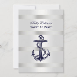 Nautical Navy Blue Anchor Silver Wt BG V Sweet 16 Einladung