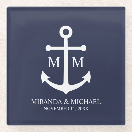 Nautical Navy Blue Anchor Wedding Glasuntersetzer (Vorderseite)