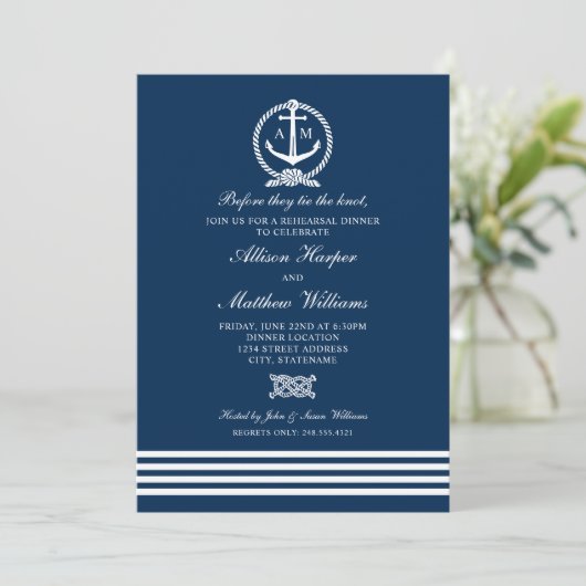 Nautical Navy Blue Anchor Wedding Rehearsal Dinner Einladung (Stehend Vorderseite)