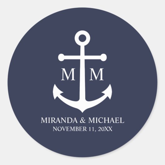 Nautical Navy Blue Anchor Wedding Runder Aufkleber (Vorderseite)