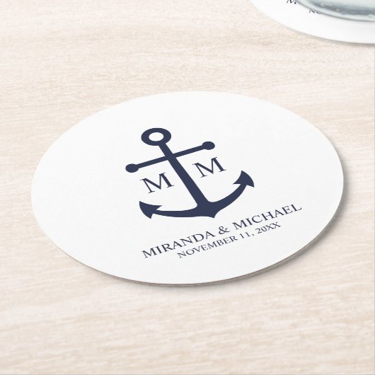 Nautical Navy Blue Anchor Wedding Runder Pappuntersetzer (Angewinkelt)