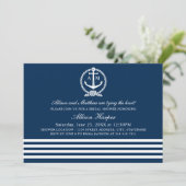 Nautical Navy Blue and White Stripes Bridal Shower Einladung (Stehend Vorderseite)