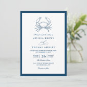 Nautical Navy Blue Crab Beach QR Code Wedding Einladung (Stehend Vorderseite)