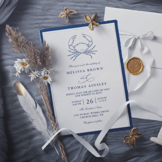 Nautical Navy Blue Crab Beach QR Code Wedding Einladung