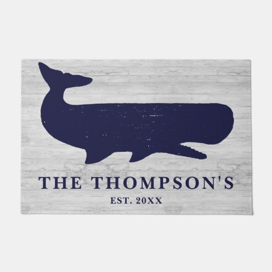 Nautical Navy Blue Family Name Whale Vacacacation Fußmatte (Vorderseite)
