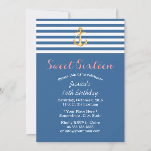 Nautical Navy Blue Gold Anchor Sweet 16 Einladung (Vorderseite)