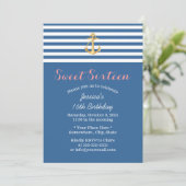 Nautical Navy Blue Gold Anchor Sweet 16 Einladung (Stehend Vorderseite)
