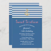 Nautical Navy Blue Gold Anchor Sweet 16 Einladung (Vorne/Hinten)