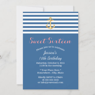 Nautical Navy Blue Gold Anchor Sweet 16 Einladung