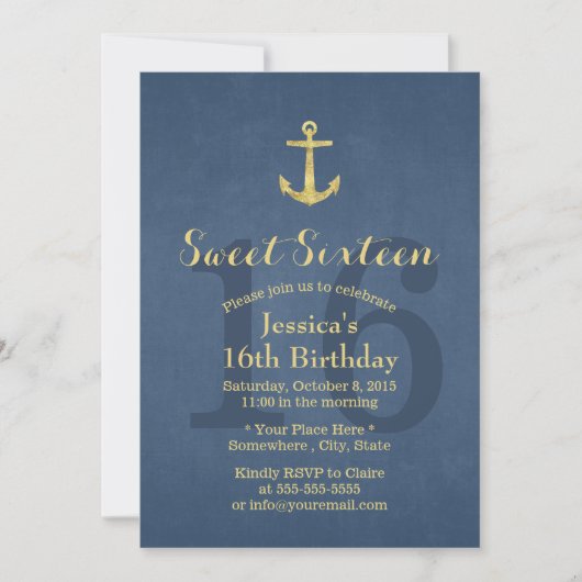 Nautical Navy Blue Gold Anchor Sweet 16 Einladung (Vorderseite)