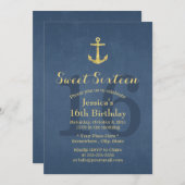 Nautical Navy Blue Gold Anchor Sweet 16 Einladung (Vorne/Hinten)