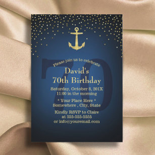 Nautical Navy Blue Gold Anker 70. Geburtstagsparty Einladung