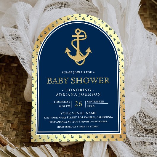 Nautical Navy Blue Gold Anker Arch Baby Dusche Einladung