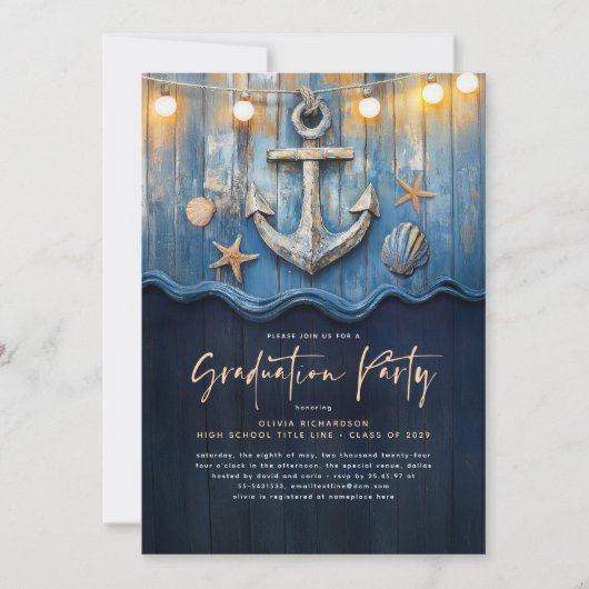 Nautical Navy Blue & Gold Anker Graduation Party Einladung (Vorderseite)