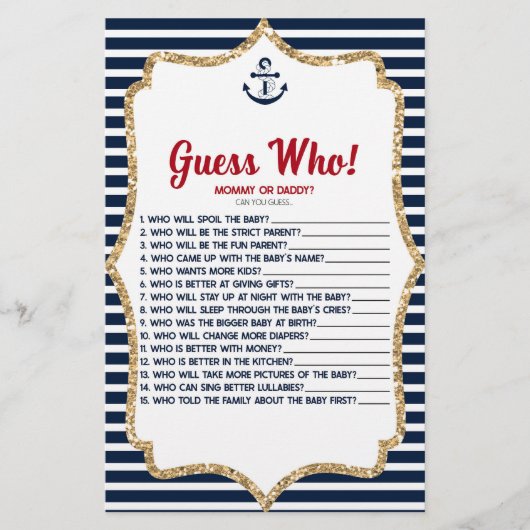 Nautical Navy Blue Guess Who! Baby Shower Game Briefpapier (Vorderseite)