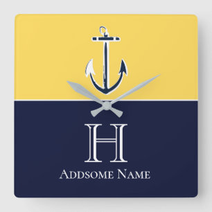Nautical Navy Blue Mustard Yellow Anchor Monogram Quadratische Wanduhr