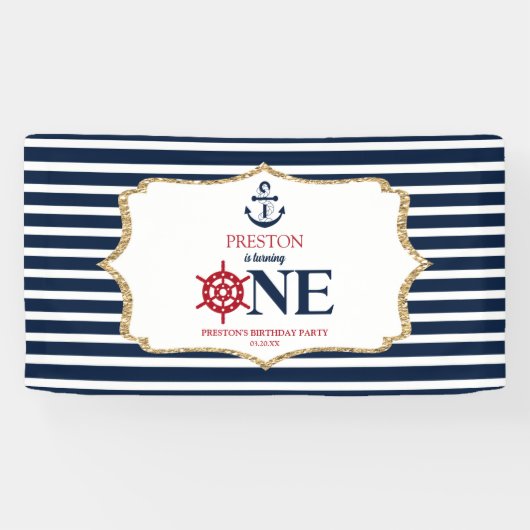 Nautical Navy Blue ONE First 1st Birthday Party Banner (Horizontal)