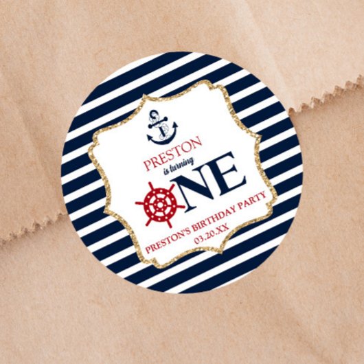 Nautical Navy Blue ONE First 1st Birthday Party Runder Aufkleber