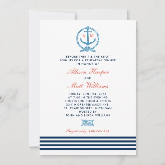 Nautical Navy Blue Red Wedding Probe Dinner Einladung (Vorderseite)