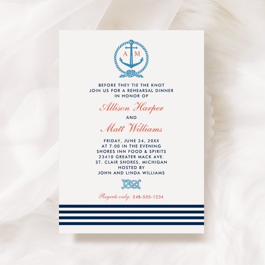 Nautical Navy Blue Red Wedding Probe Dinner Einladung