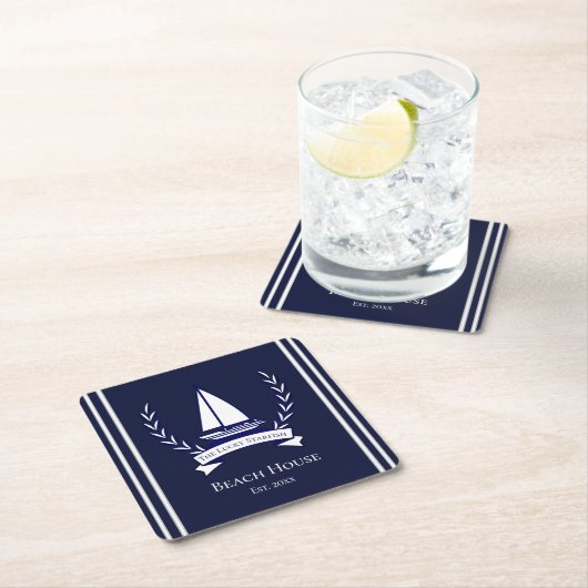 Nautical Navy Blue Sailboat Küste Mit Monogramm Rechteckiger Pappuntersetzer (Vor Ort)
