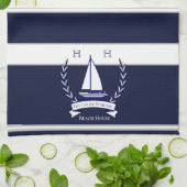 Nautical Navy Blue Sailboat Monogram Name Küche Geschirrtuch (Gefaltet)