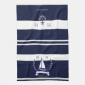 Nautical Navy Blue Sailboat Monogram Name Küche Geschirrtuch (Vertikal)