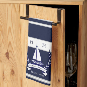 Nautical Navy Blue Sailboat Monogram Name Küche Geschirrtuch