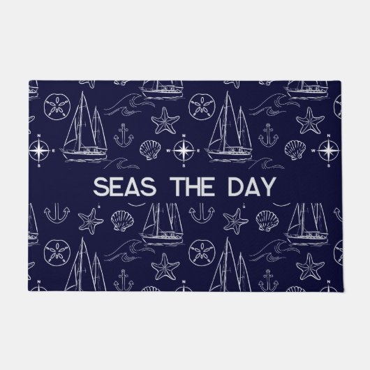 Nautical Navy Blue Sailboat Pattern Fußmatte (Vorderseite)