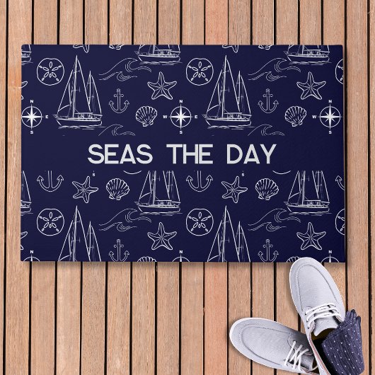Nautical Navy Blue Sailboat Pattern Name  Fußmatte