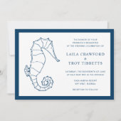 Nautical Navy Blue Sea Horse Beach Elegante Hochze Einladung (Vorderseite)