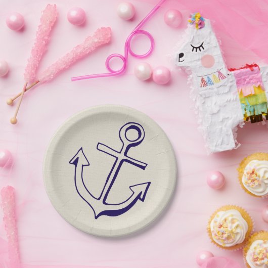 Nautical Navy Blue Ship Anchor Tan Wedding Pappteller (Party)