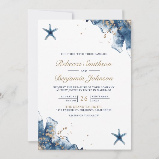 Nautical Navy Blue Starfish Foto QR Code Hochzeit Einladung (Vorderseite)
