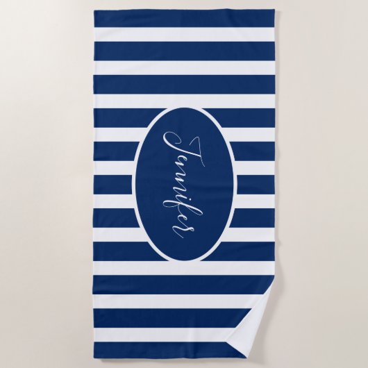 Nautical Navy Blue Strike Add Name Script hinzufüg Strandtuch (Vorderseite)