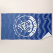 Nautical Navy Blue Stripe Waves Boat Wheel Strandtuch (Vorderseite)