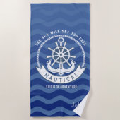 Nautical Navy Blue Stripe Waves Boat Wheel Strandtuch (Vorderseite)