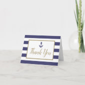 Nautical Navy Blue Stripes Anchor Gold Script Dankeskarte (Vorderseite)
