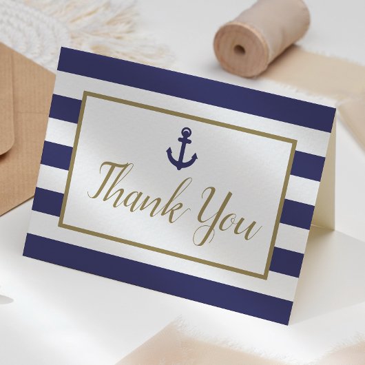 Nautical Navy Blue Stripes Anchor Gold Script Dankeskarte