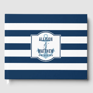Nautical Navy Blue Stripes Wedding Monogram Gästebuch