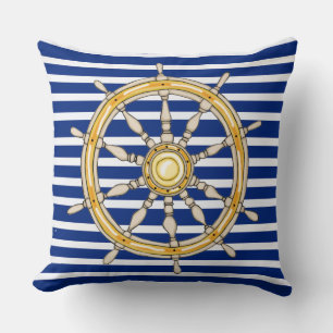 Nautical Navy Blue Striping Ship Wheel 1 Pillow Kissen
