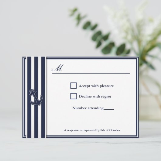 Nautical Navy Blue Swallows UAWG Invitititition RSVP Karte (Stehend Vorderseite)