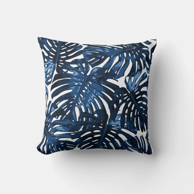 Nautical Navy Blue Tropical Dschungel Blätter Kissen (Vorderseite)